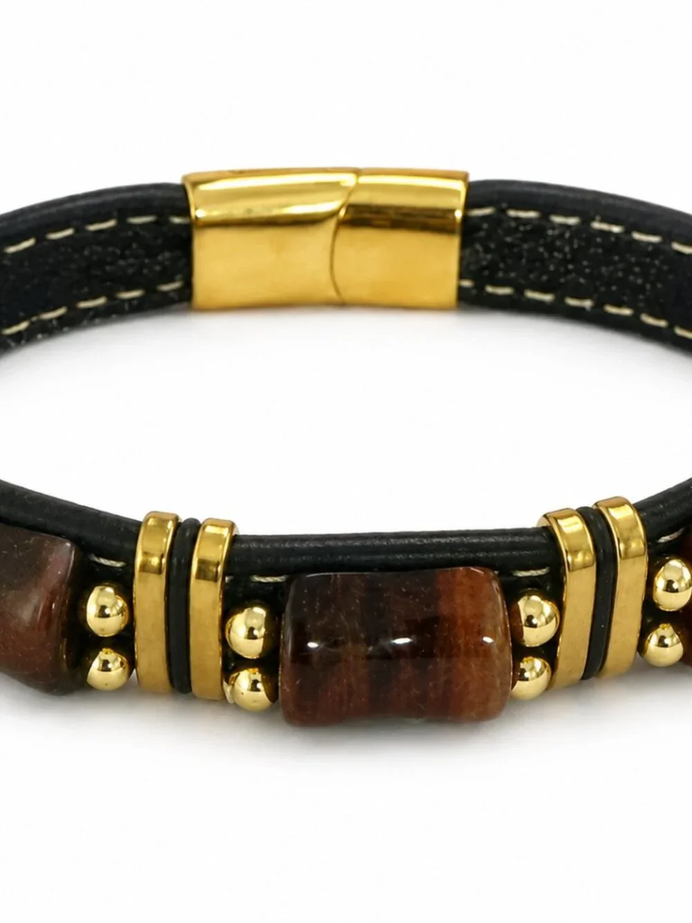 Men Black & Brown Leather Bracelet Gold-Tone Accents Contrast Stitching